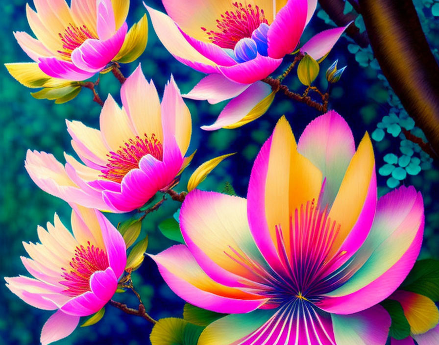 Colorful digital artwork featuring stylized flowers with pink and yellow petals and purple stamens on a