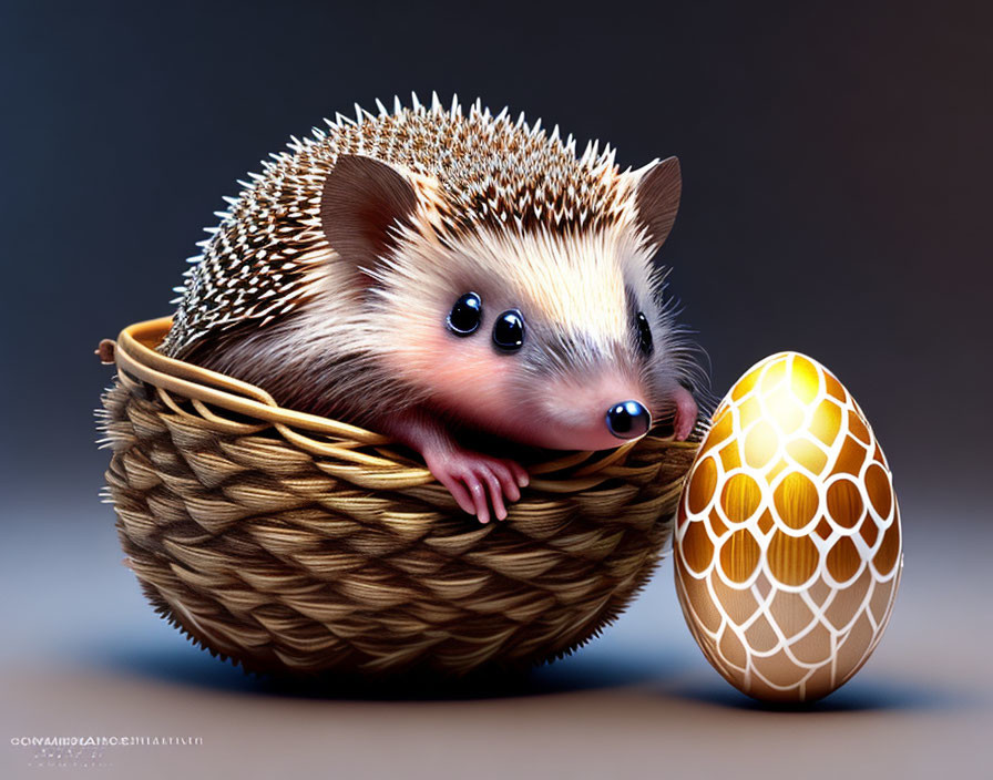 Stylized hedgehog in basket with patterned egg and soft lighting