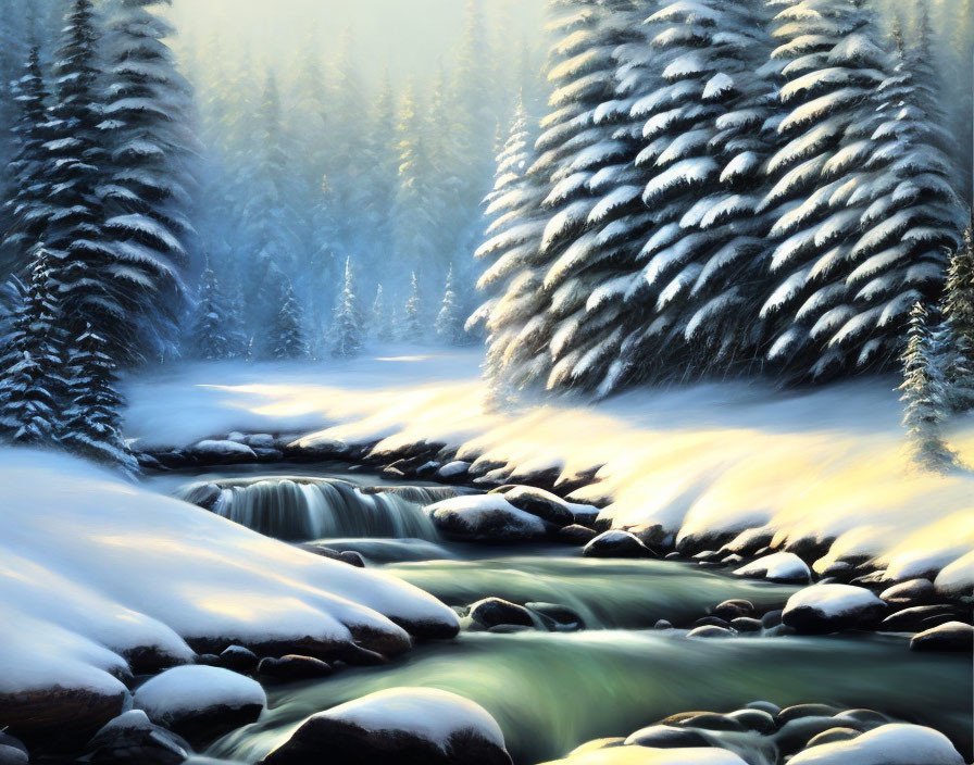 Winter landscape: Stream, snow-covered pines, morning light