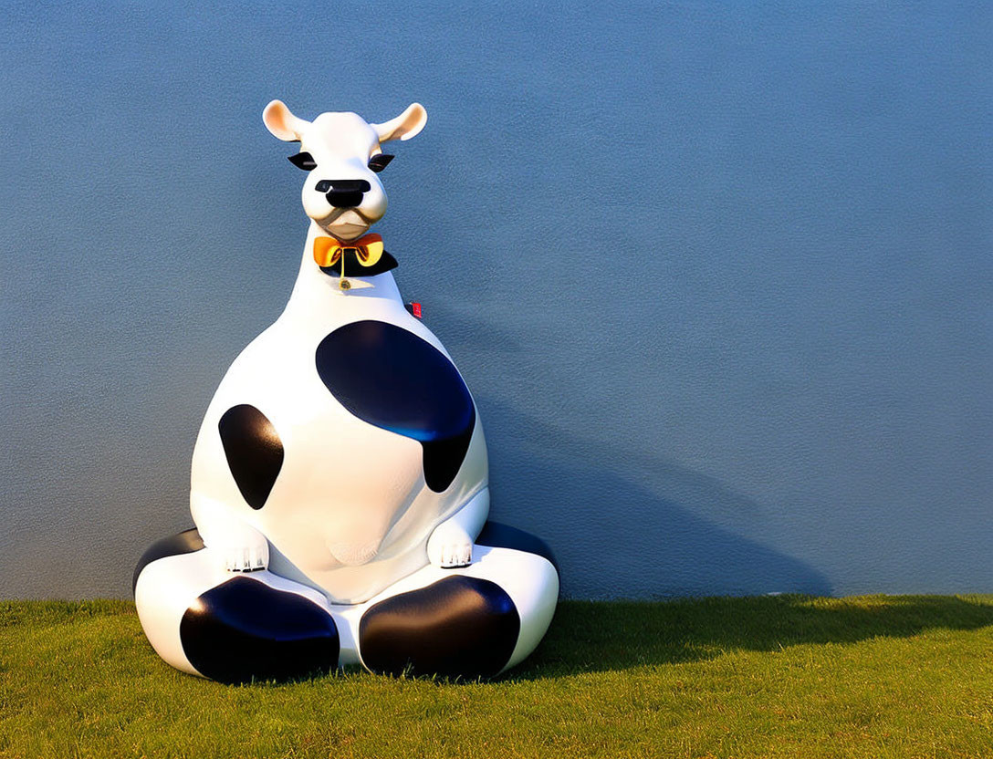 Inflatable cow with black and white spots on grass against blue wall