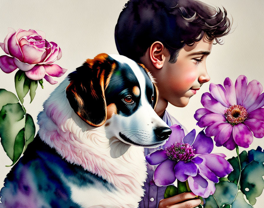 Illustration of boy with dark hair and tri-colored dog among pink and purple flowers