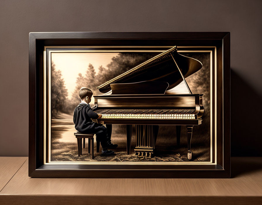 Three-dimensional framed artwork of boy playing grand piano in outdoor setting