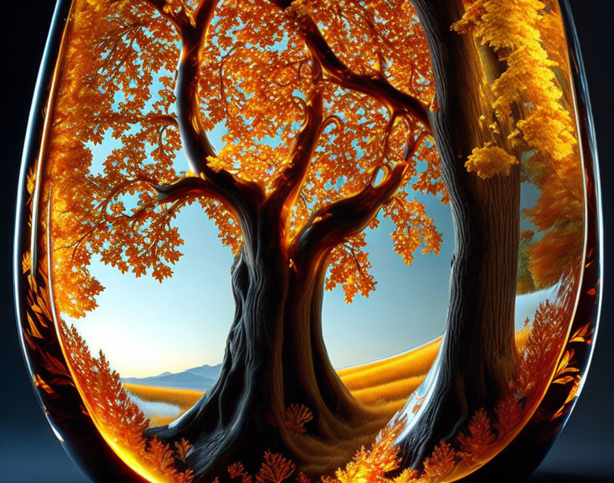 Whimsical tree with golden autumn leaves in circular frame