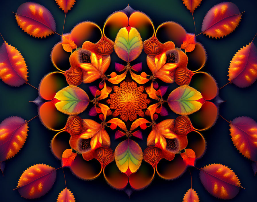 Symmetrical fractal design with autumnal leaf and flower patterns