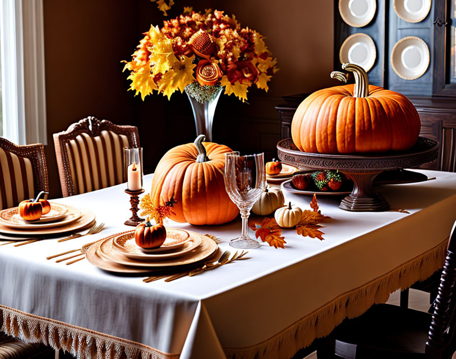 Festive Thanksgiving table decor with pumpkins, autumn leaves, candles, and wine glasses