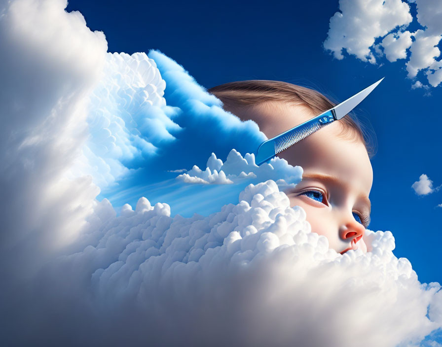 Surreal baby face in clouds with paper airplane on blue sky