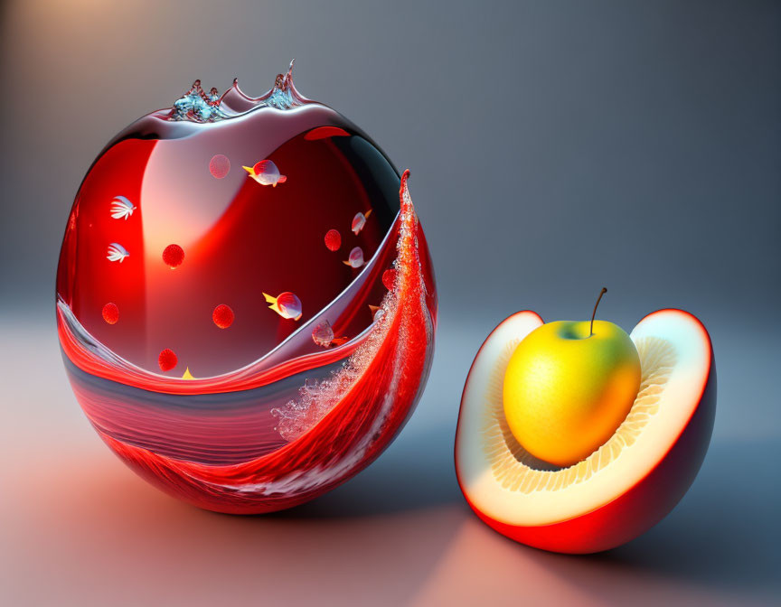 Surreal red apple with liquid-like peel and orange interior.