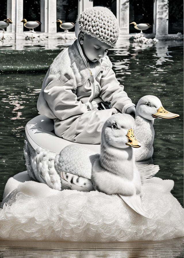 Child in winter attire on inflatable swan near whimsical duck statues