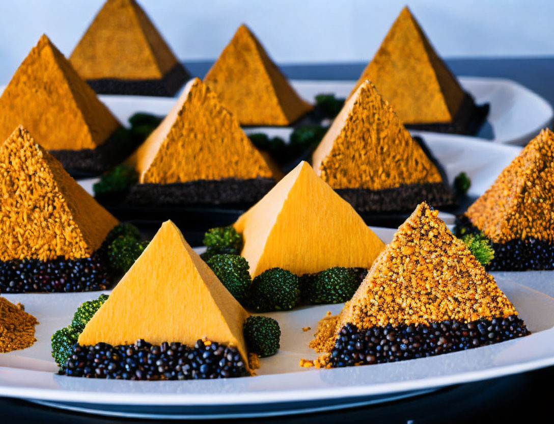 Colorful triangular dessert pieces on white plate with black base and bead garnish