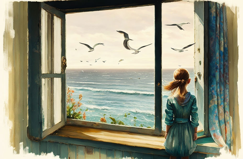 Girl looking at sea and seagulls through open window