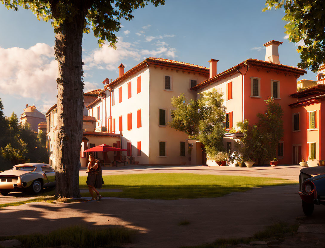 Luxurious Villa with Terracotta Walls, Vintage Cars, Trees, and Woman Walking