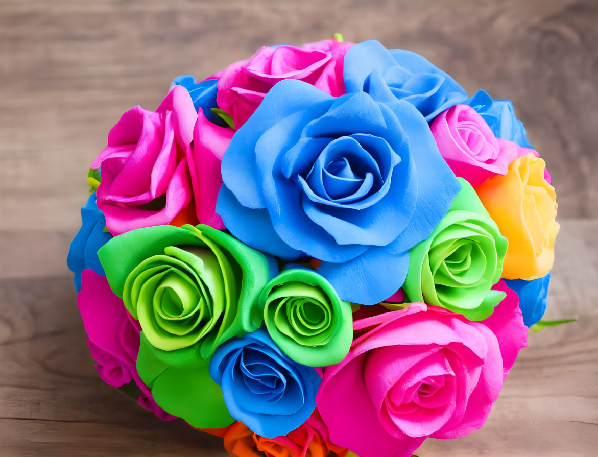 Colorful Artificial Rose Bouquet on Wooden Background