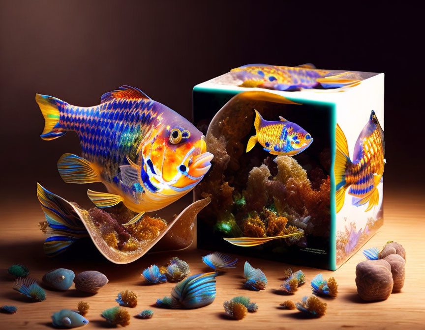 Vibrant animated fish in a cereal box with shells and coral on wooden surface