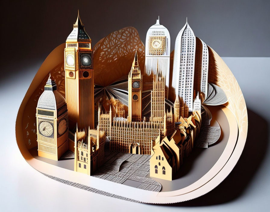 Detailed Paper Art of Architectural Landmarks in Circular Frame