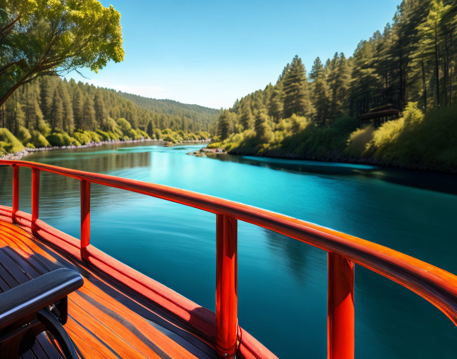 Tranquil turquoise river viewed from wooden deck