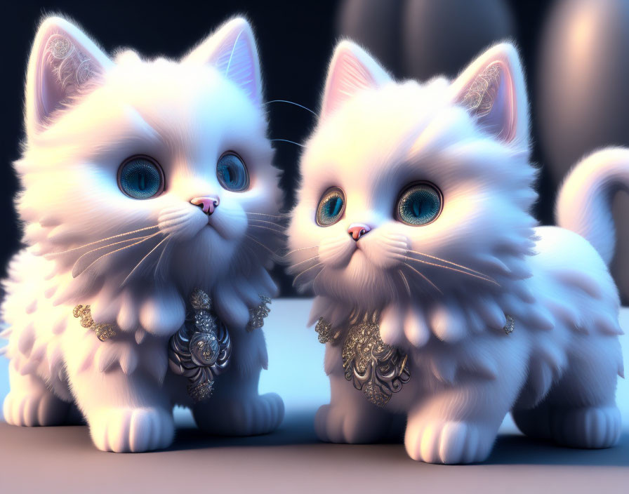 Fluffy white kittens with blue eyes and necklaces on blue background