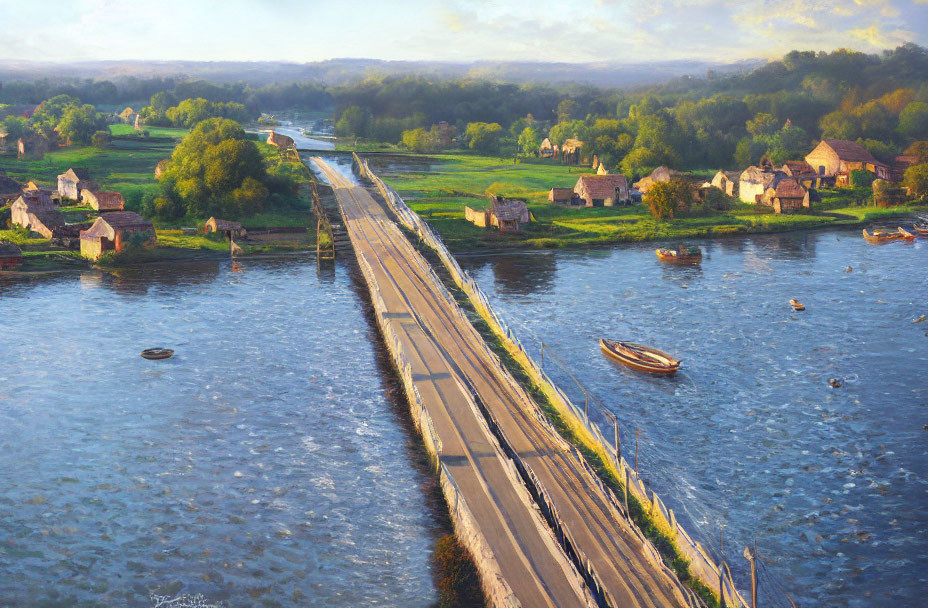 Tranquil landscape painting: bridge over river, boats, houses, greenery