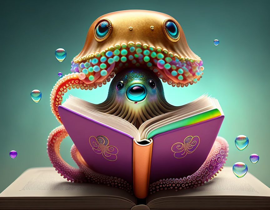 Octopus Reading Book Surrounded by Bubbles