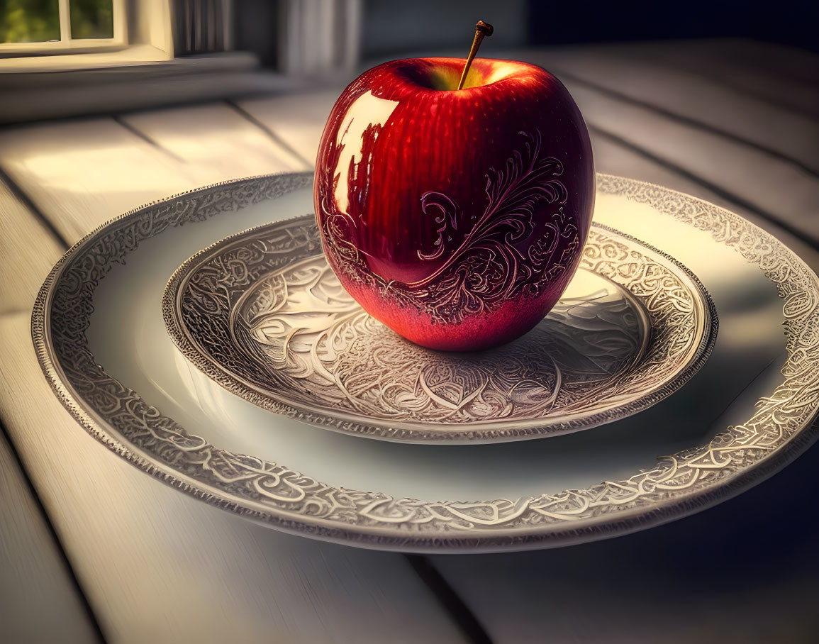 Red apple with white pattern on porcelain plate by sunlit window