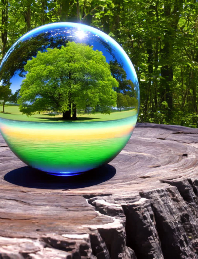 Crystal ball on wooden surface reflecting inverted tree in sunlit forest