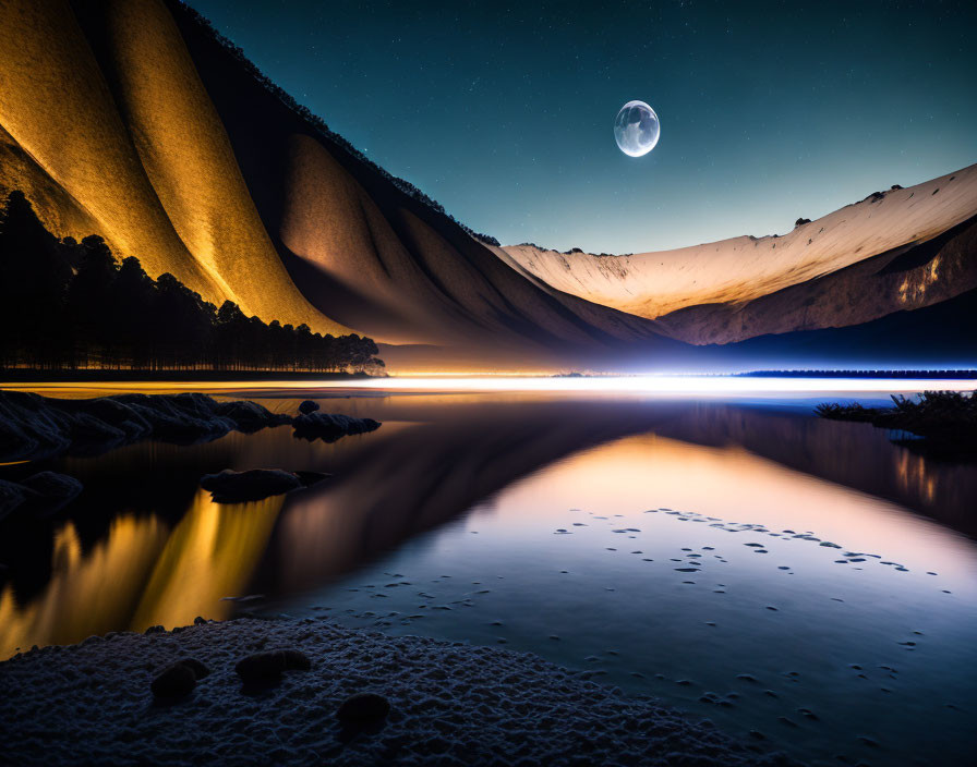 Tranquil night landscape with crescent moon, lake, mountains & starry sky