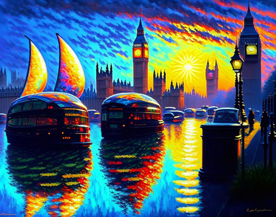 London skyline at sunset with Big Ben and sailboats on river