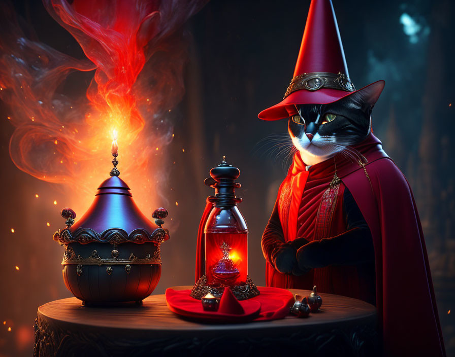 Cat in magician costume with crystal ball and potion bottle in mystical setting