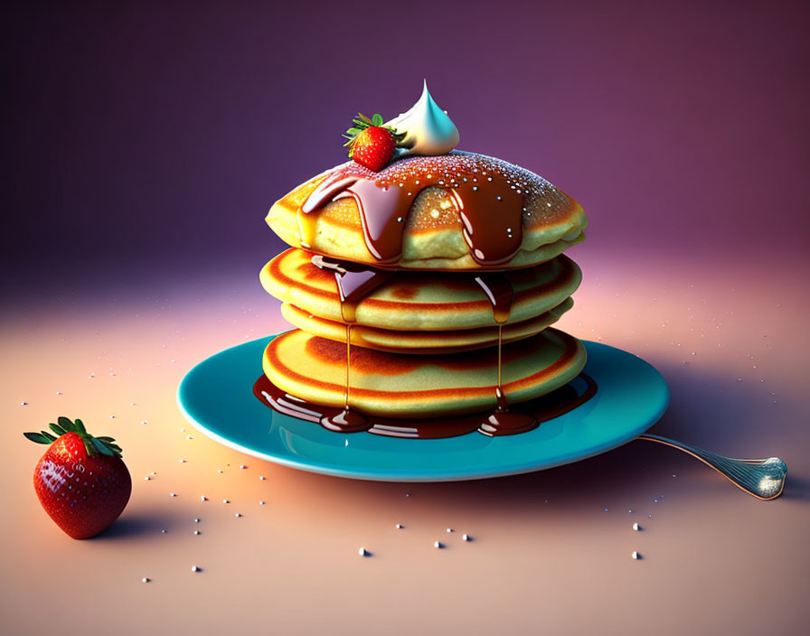 Fluffy Pancakes with Cream, Strawberries, and Chocolate Syrup on Blue Plate