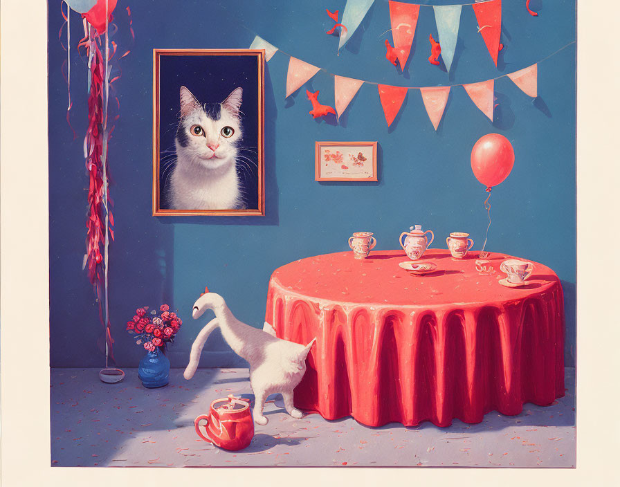 Whimsical festive room with white cat, teacups, balloons, bunting, and cat