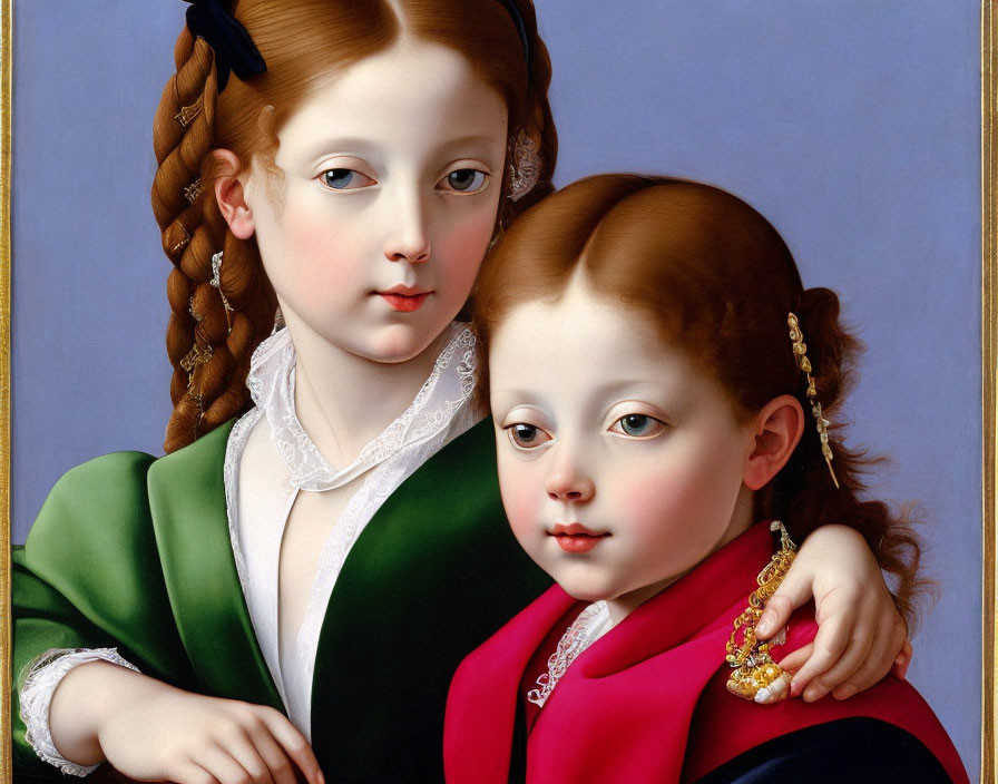 19th-Century Portrait of Two Young Girls in Elegant Attire