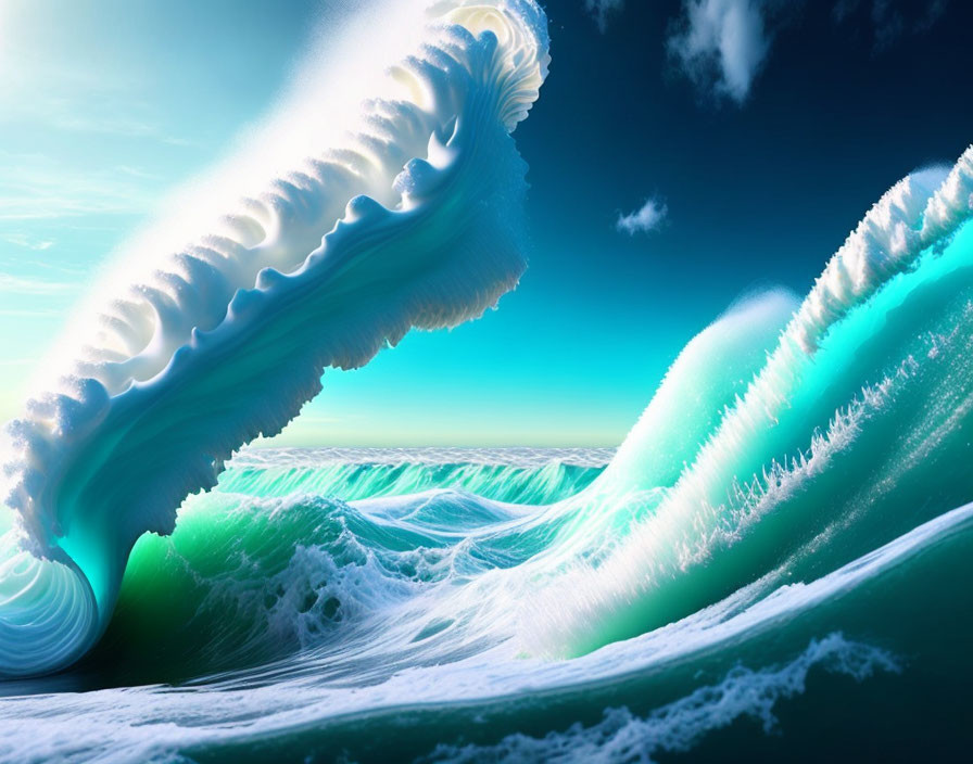 Vibrant ocean waves under bright sky with fluffy clouds