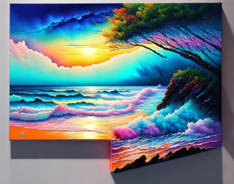 Colorful surreal seascape painting with multicolored waves and vibrant sky.