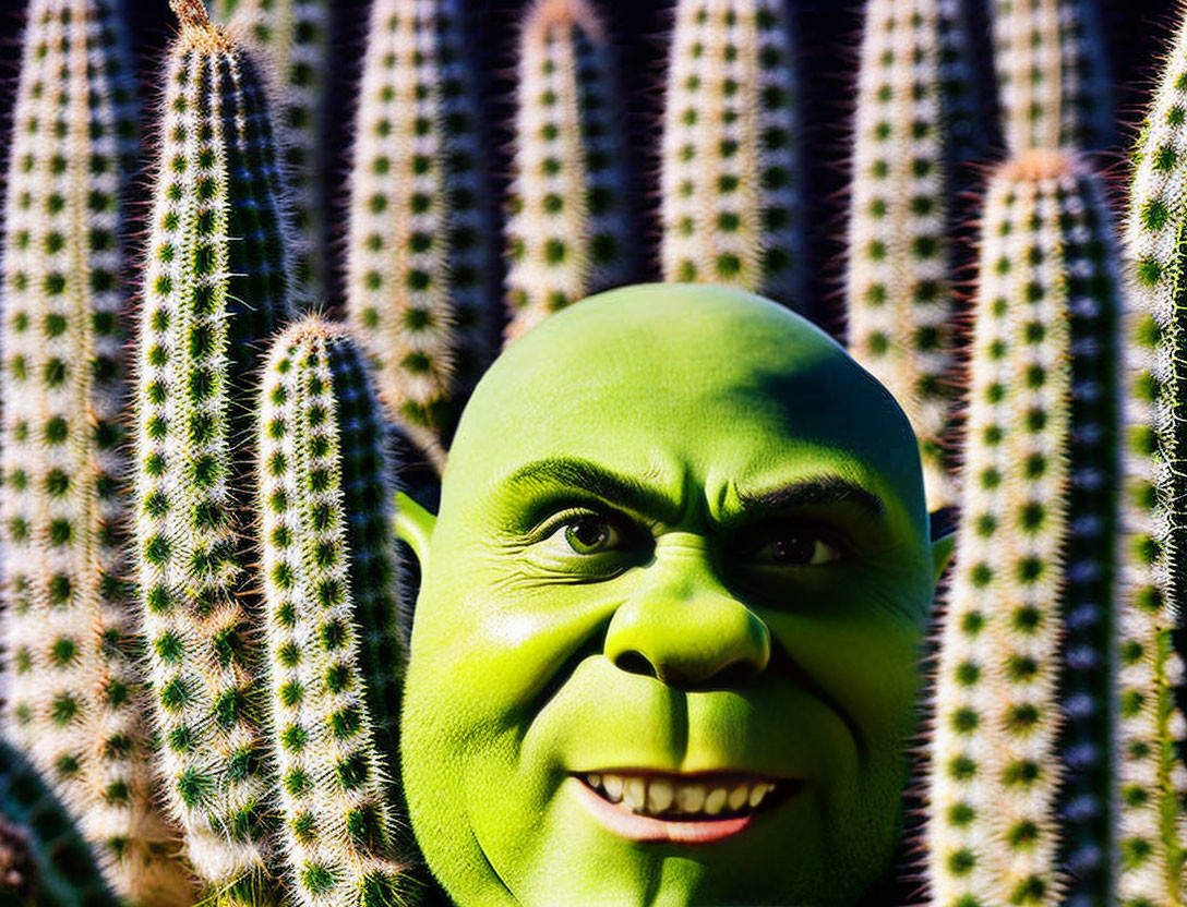 Person in Shrek costume peeking behind tall cacti