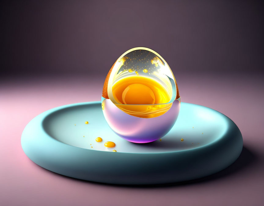 Digitally-rendered image of glowing golden yolk on teal plate, against purple backdrop