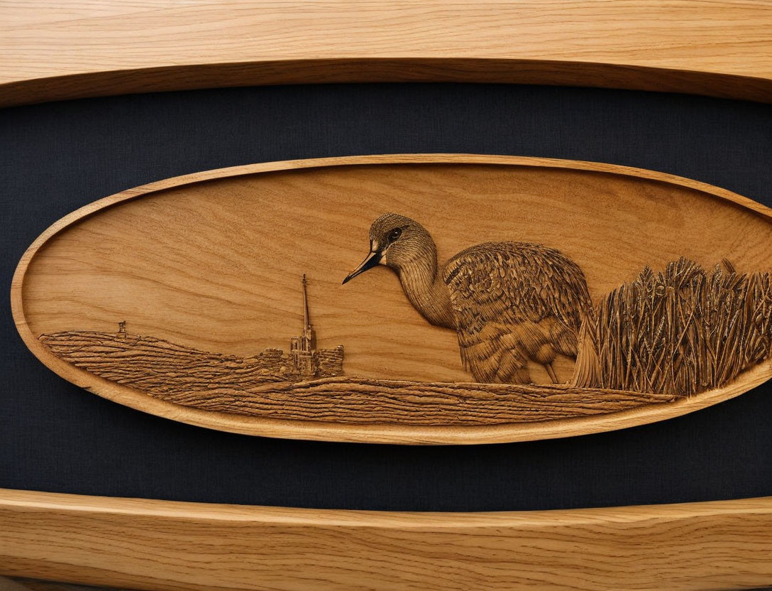 Intricately Carved Wooden Relief of Duck in Field with Structure, Oval Frame