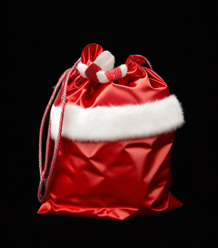 Red Satin Santa Sack with White Fur Trim on Black Background