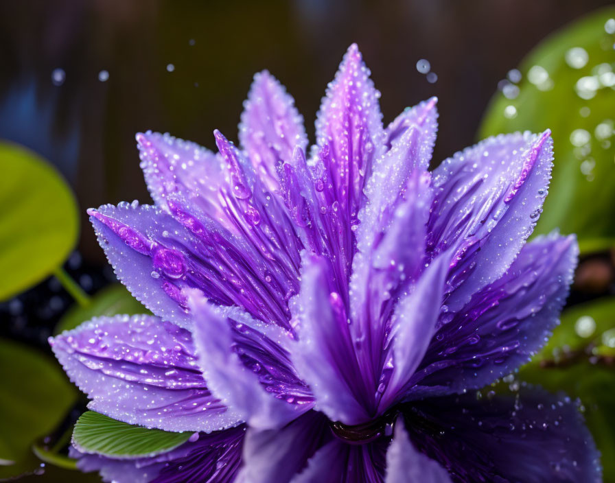 Vibrant Purple Water Lily with Water Droplets and Green Lily Pads