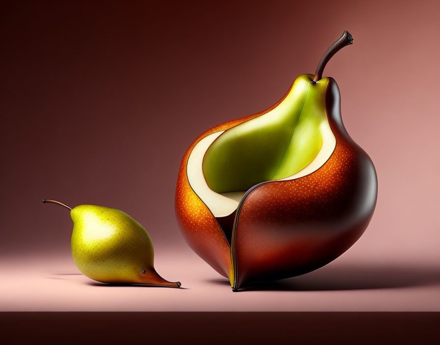 Surreal image: stylized pears, one whole, one cut with green interior