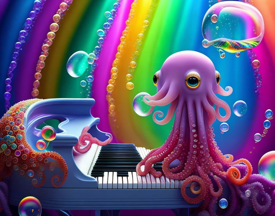 Vibrant octopus at piano with rainbow and bubbles