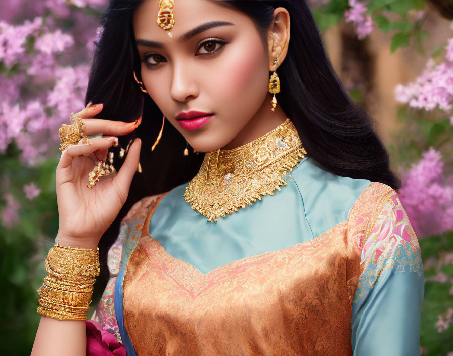 Traditional South Asian attire woman among pink flowers with gold jewelry