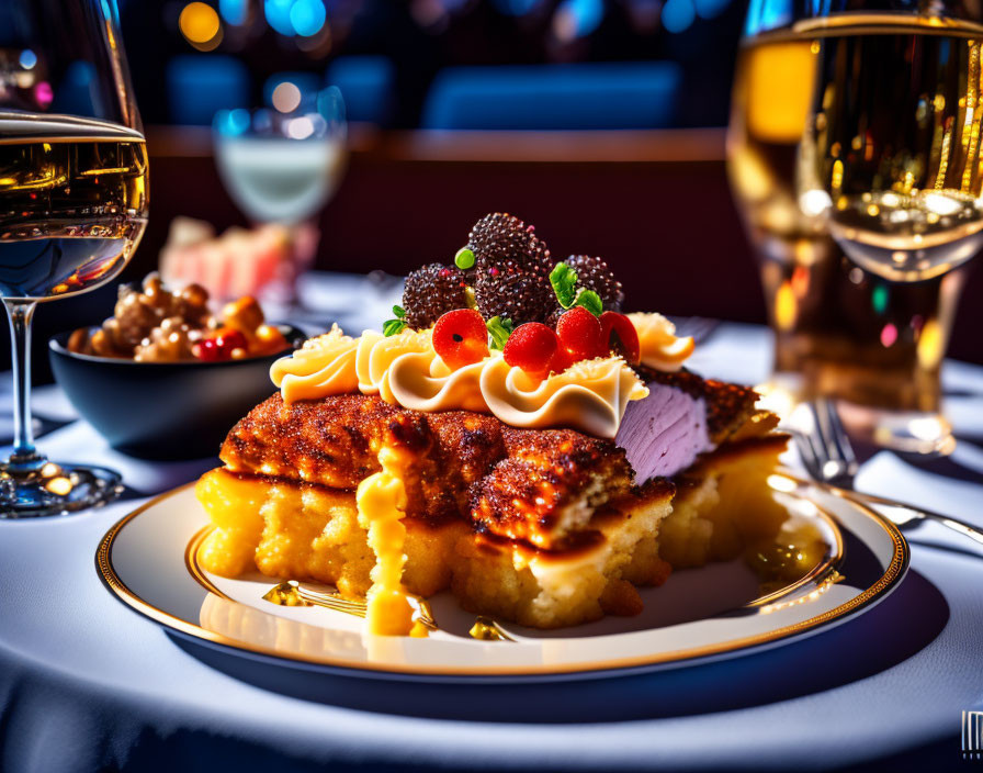 Seared Fish on Mashed Potatoes with Caviar, Herbs, and Creamy Sauce