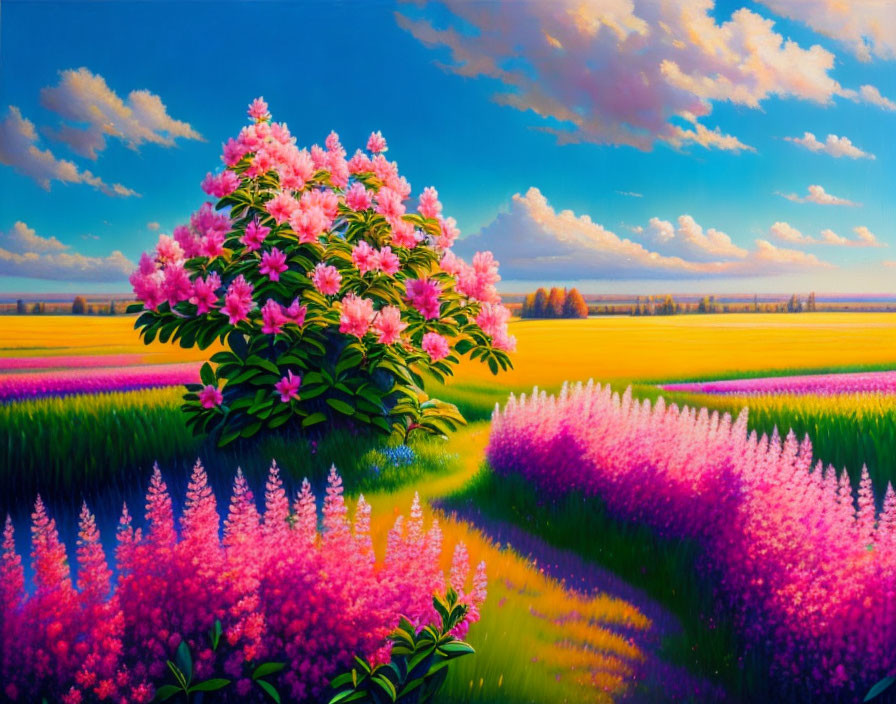 Colorful Flower Fields and Blooming Bush in Vibrant Landscape