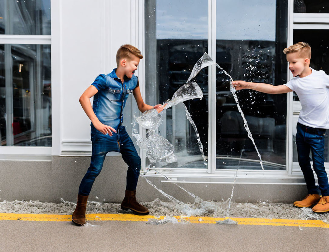 Boys playing with water near building windows