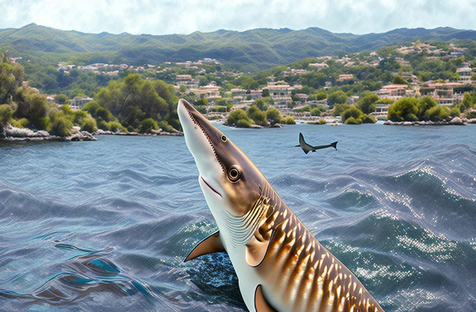 Digitally altered image: Shark leaping over coastal town.