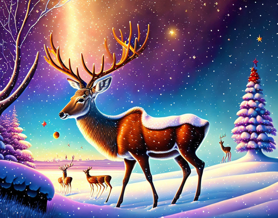 Majestic deer with glowing antler in snowy landscape