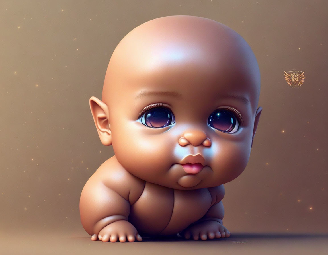 Chubby baby character with big eyes on beige background