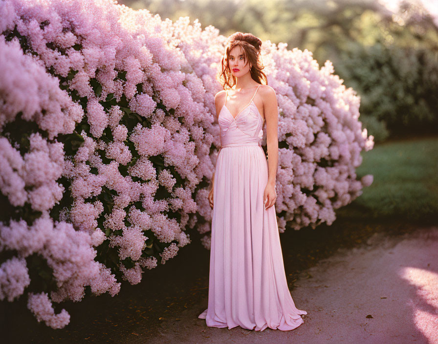 Woman in Pink Dress Surrounded by Pink Flowers in Sunlit Garden