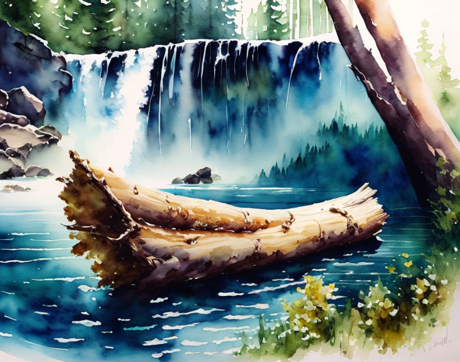 Tranquil waterfall scene with fallen log in lush greenery