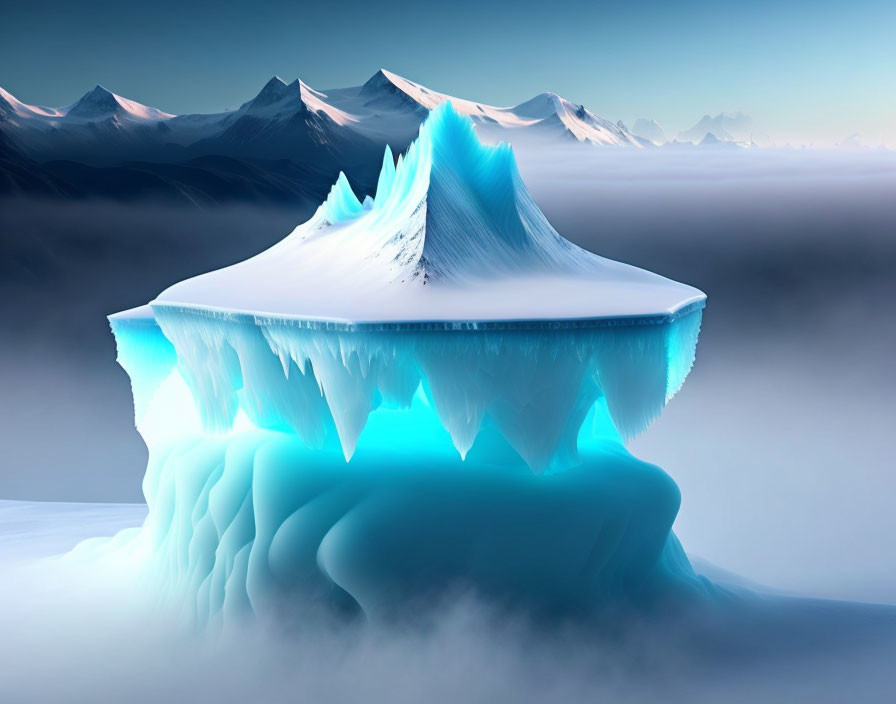 Translucent blue iceberg above misty ocean with shadowy mountains