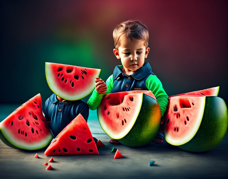 Toddler with Watermelon Slices on Colorful Background